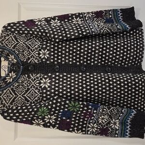 Rosie Neira Anthro Nordic Fair Isle Winter Snowflake Button Up Cardigan Sweater